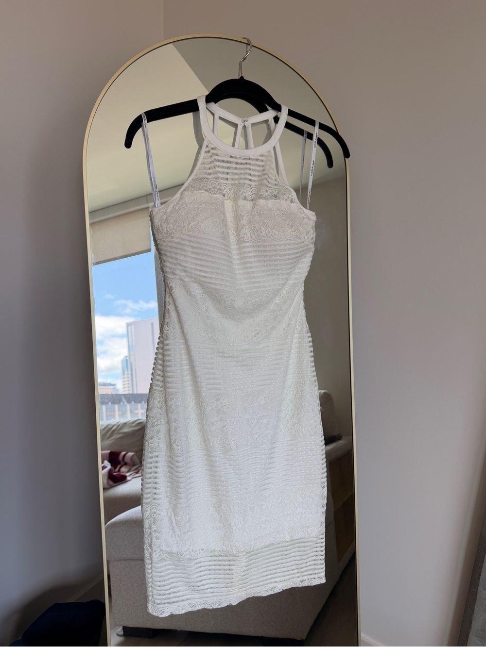 Guess White Lace High-Neck Midi Dress